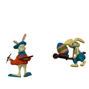 Vintage PVC Hong Kong Easter Mini Toys Painting & Pushing Wheelbarrow Bunnies